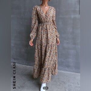 SHEIN Clasi Floral Print Single Breasted Ruffle Hem Maxi Dress